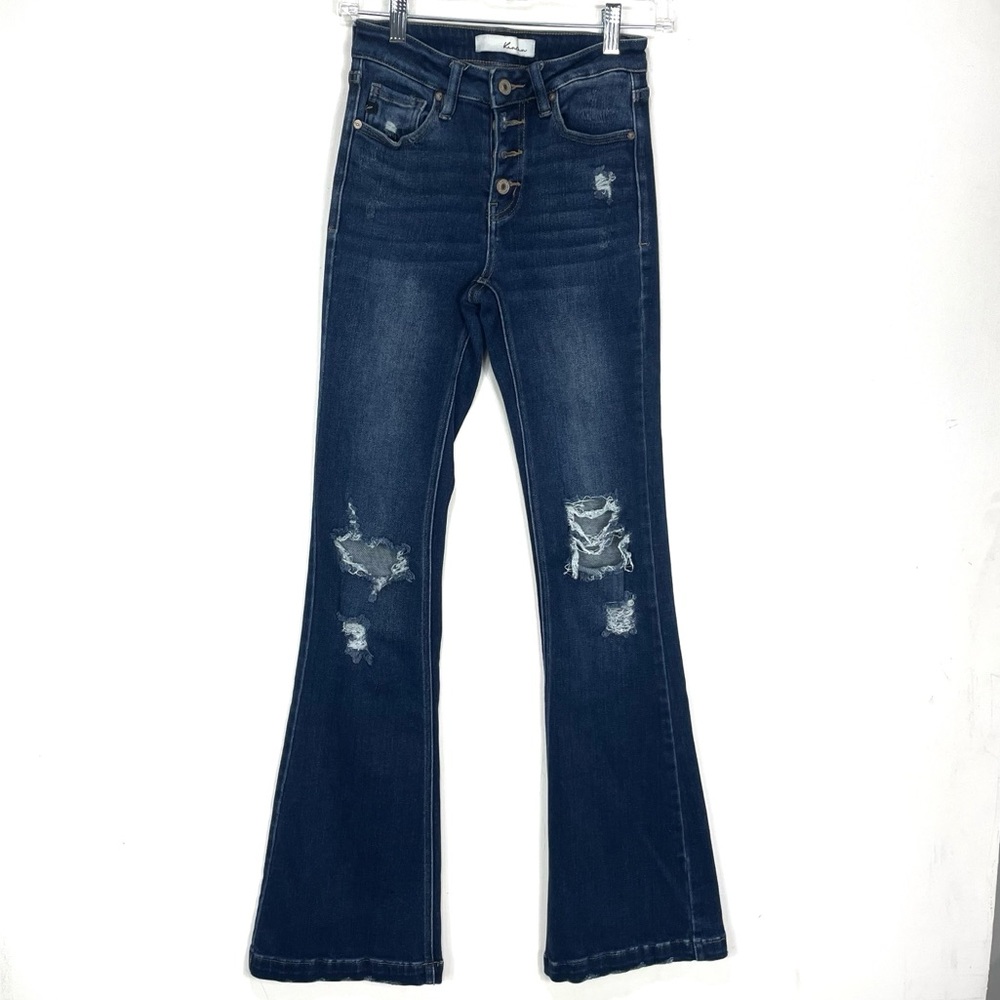 KanCan Dark Blue Distressed Flare Jeans L9